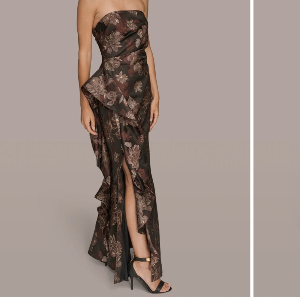 Donna Karan Metallic Floral Jacquard Strapless Gown chocolate plum, SIZE 8